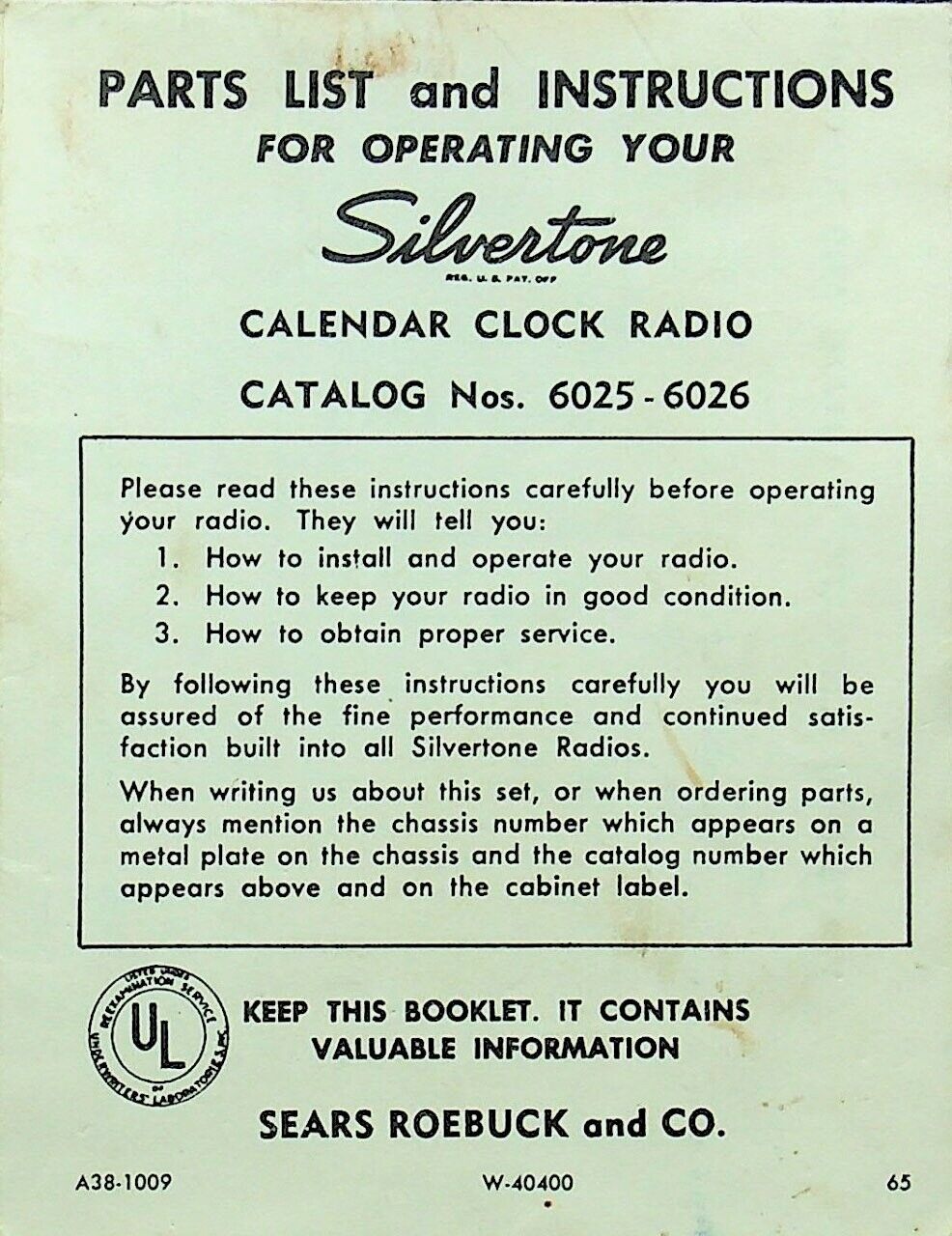 1956 Sears Silvertone Model 6025 - 6026 Calendar Clock Radio Parts/Instructions
