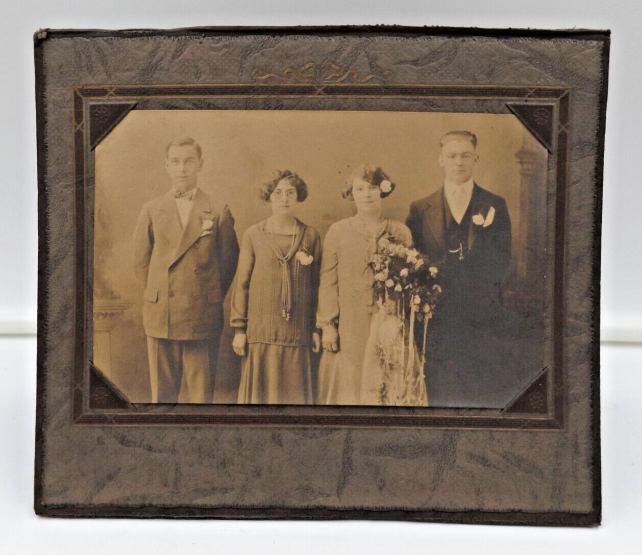 Antique 1920s Wedding Young Love Bride Groom Parents Black White Photo