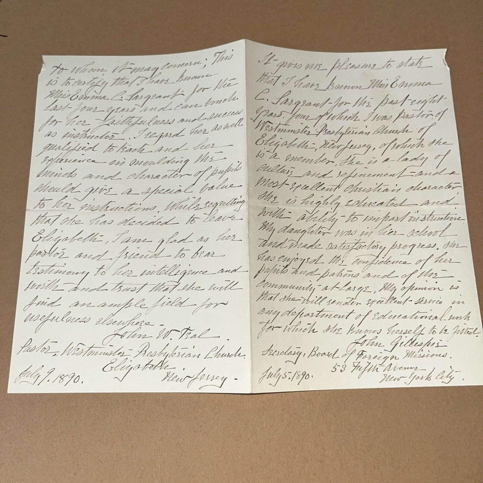 Antique 1890 Recommendation Letter By Leading Religious Figures Elizabeth NJ