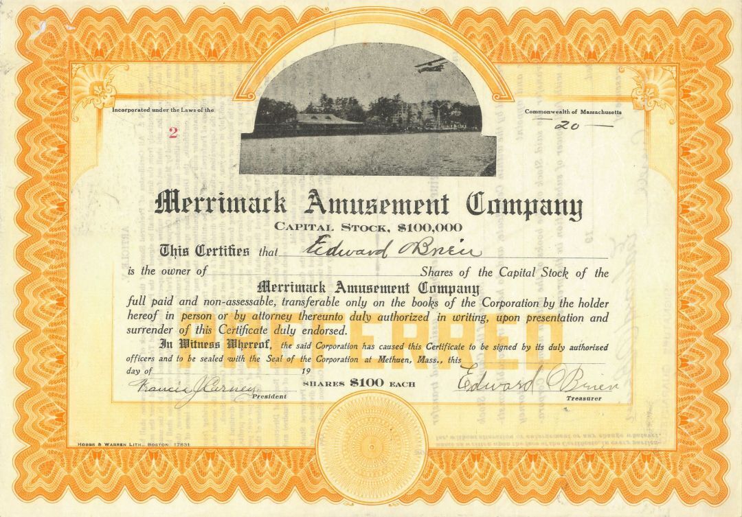 Merrimack Amusement Co. - 1921 dated Entertainment Stock Certificate - Printed P