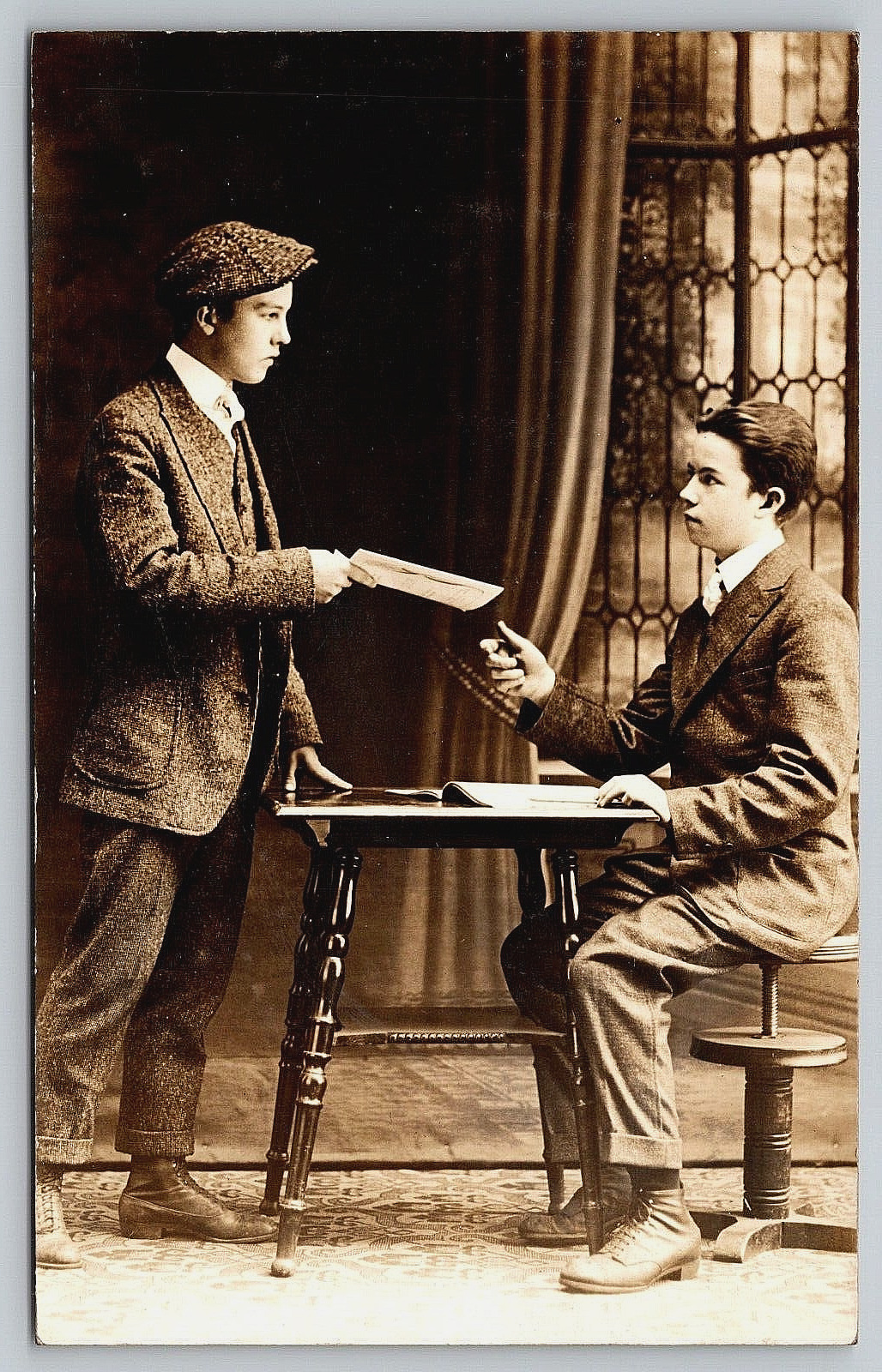 Original Old Vintage Antique Real Photo Postcard Picture Young Gentlemen Table