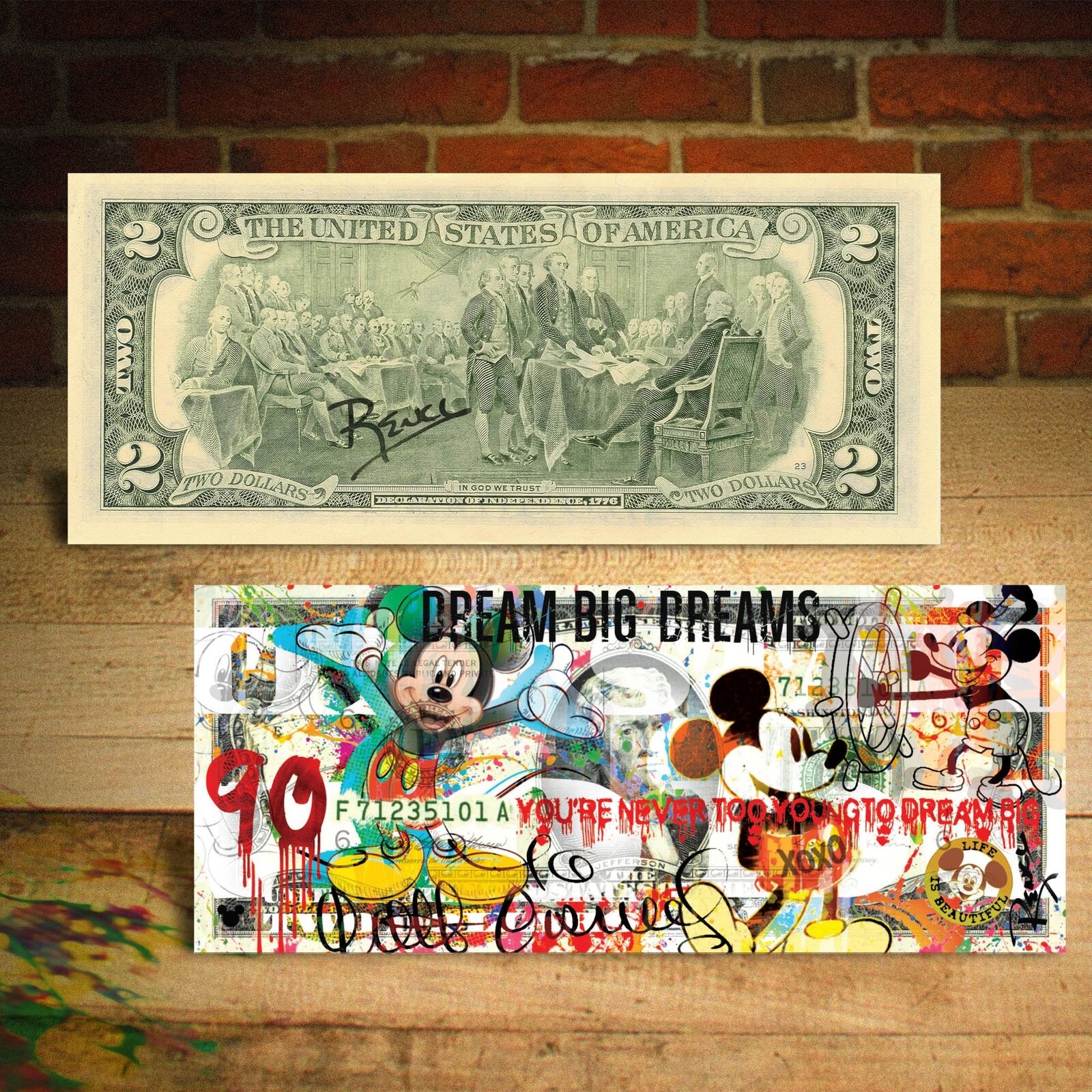 MICKEY MOUSE 90th Birthday Genuine $2 U.S. Bill Pop Art  - Hand-Signed by Rency