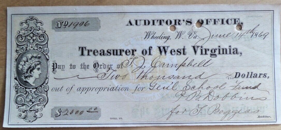 1869 West Virginia check T. J. Campbell General School Fund