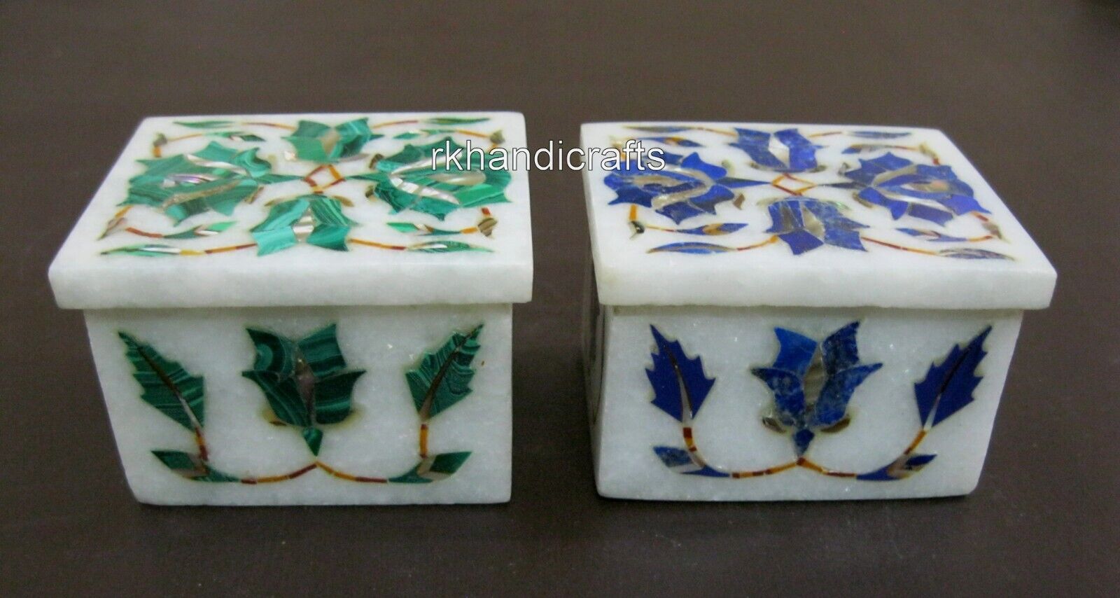 Set of 2 Piece Marble Jewelry Box Inlaid with Gemstone Candy Box 2.5x 1.5 Inches
