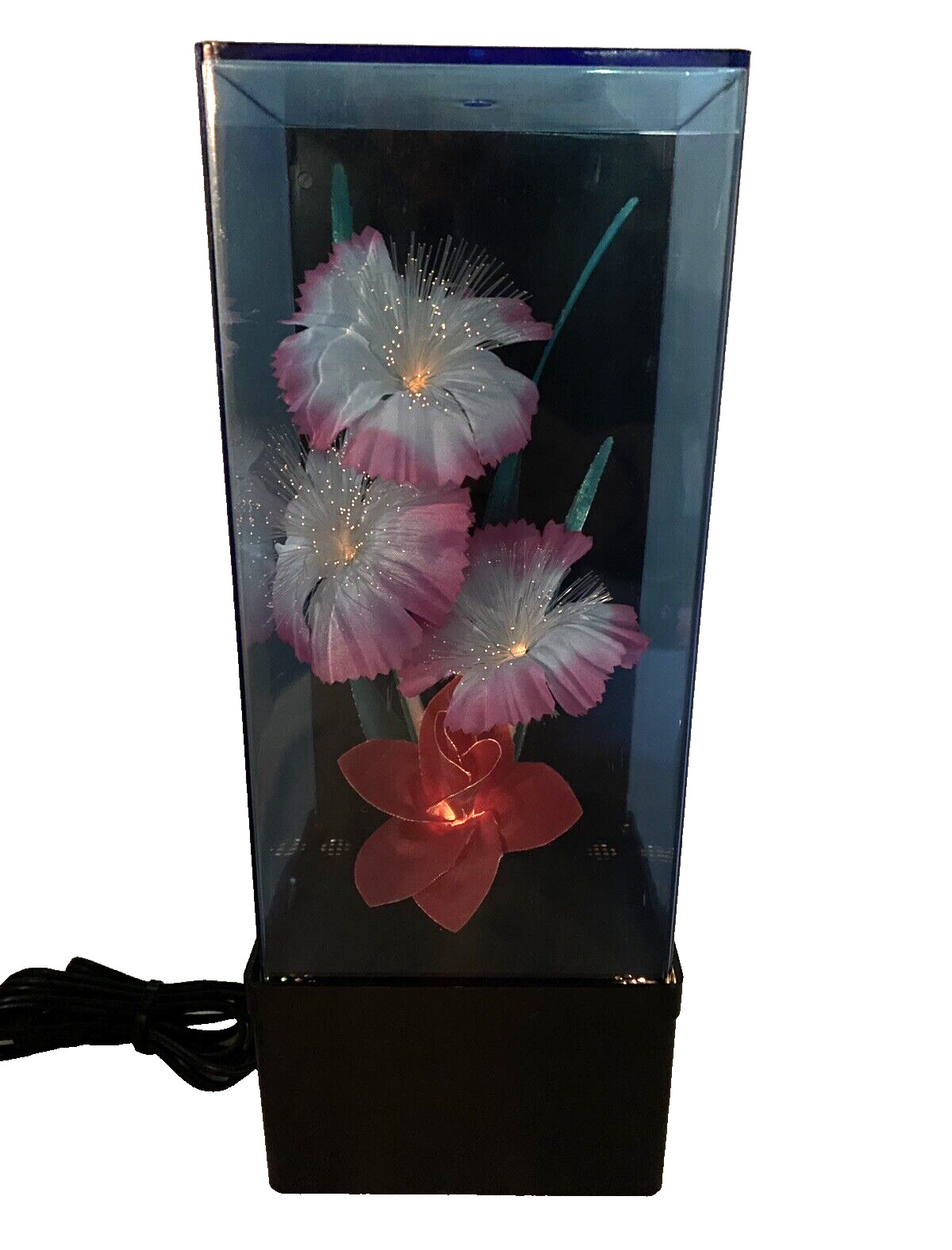 Retro Cottage 1980s Fiber Optic Color Changing Flower Lamp Blue Acrylic Red Rose
