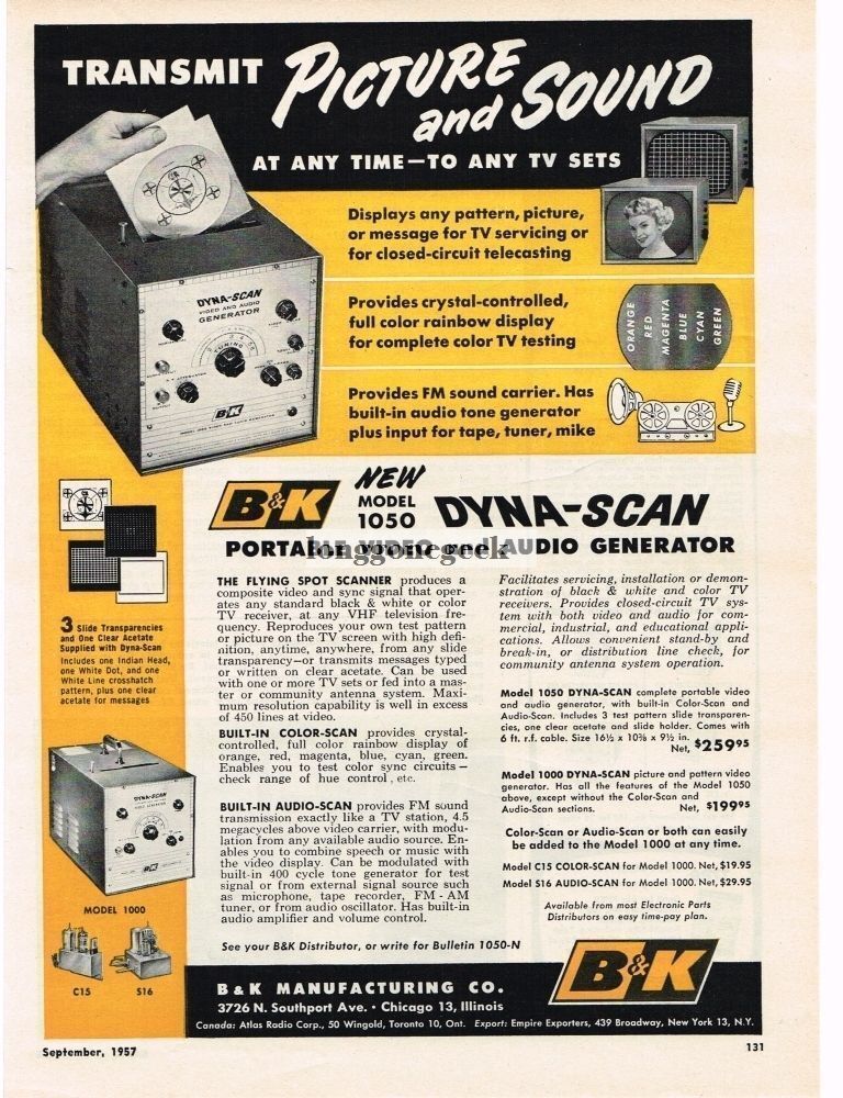 1957 B&K Model 1050 Dyna-Scan Video Audio Generator TV Repair Vintage Ad 