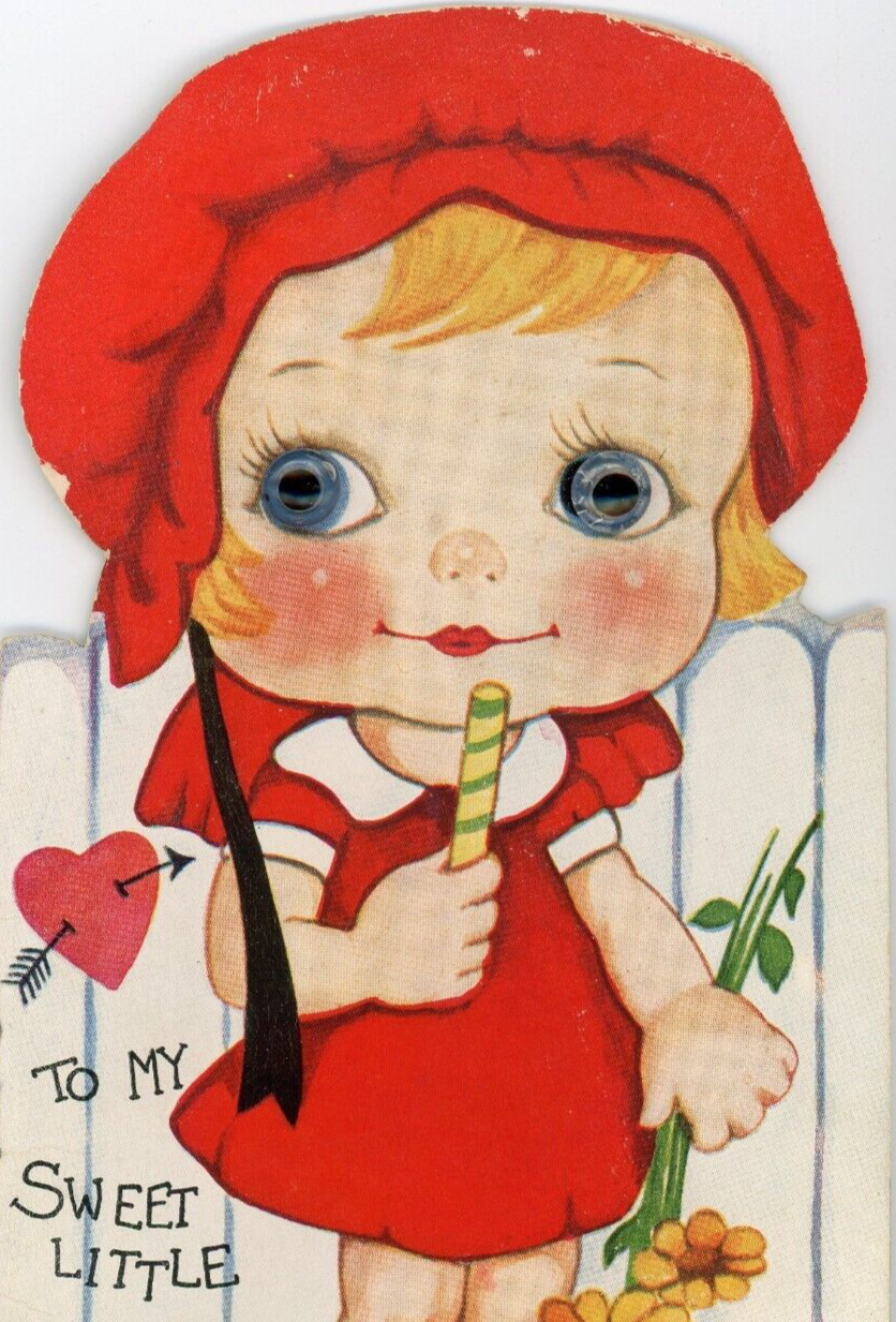 Vintage c1920\'s Valentine\'s Day Card Girl Red Hat, Flowers, Can, Heart, Eyes 