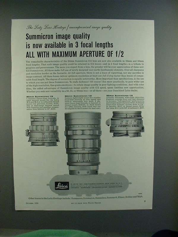 1959 Leica Leitz Summicron Lenses Ad - 50mm, 90mm, 35mm