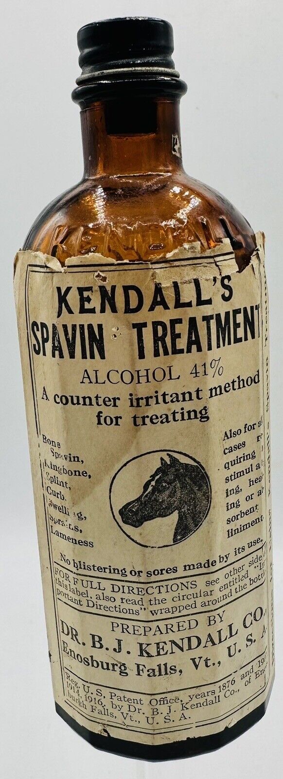 KENDALL\'S SPAVIN CURE TREATMENT Medicine Bottle Enosburg Falls Vermont