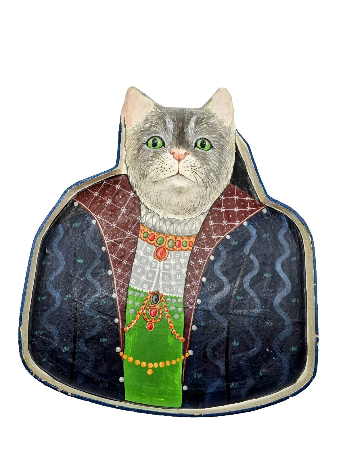 Amazing OOAK Handpainted 3D Cat In Renaissance Clothes Wood And Paper Mache Tray