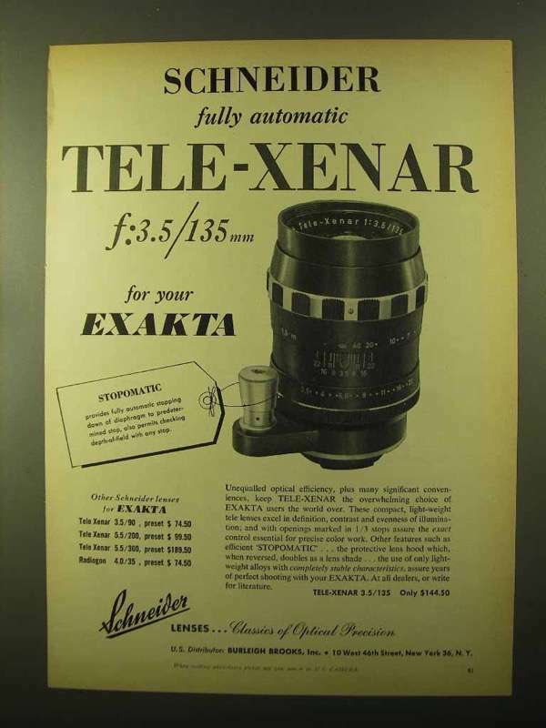1957 Schneider Tele-Xenar Lens Ad - Fully Automatic