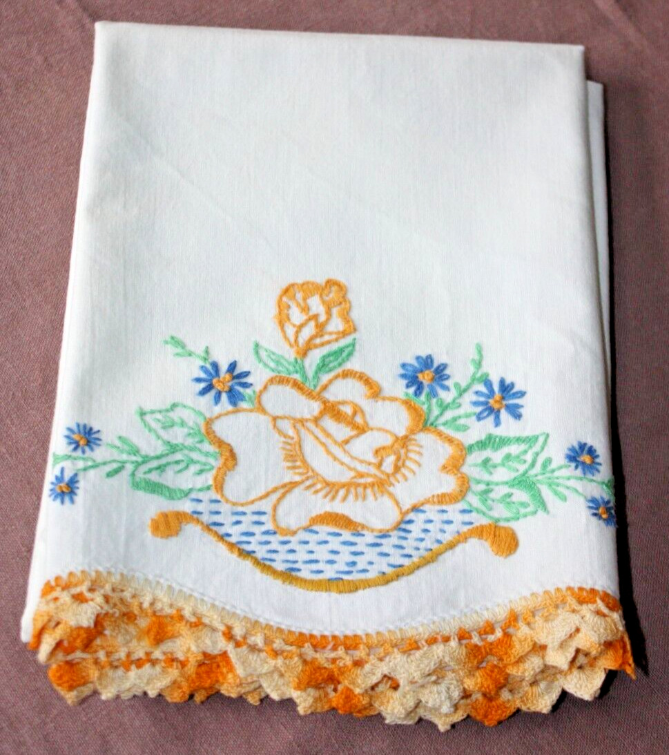 Vintage Cotton Pillowcase w/Floral Embroidery & Crochet Trim