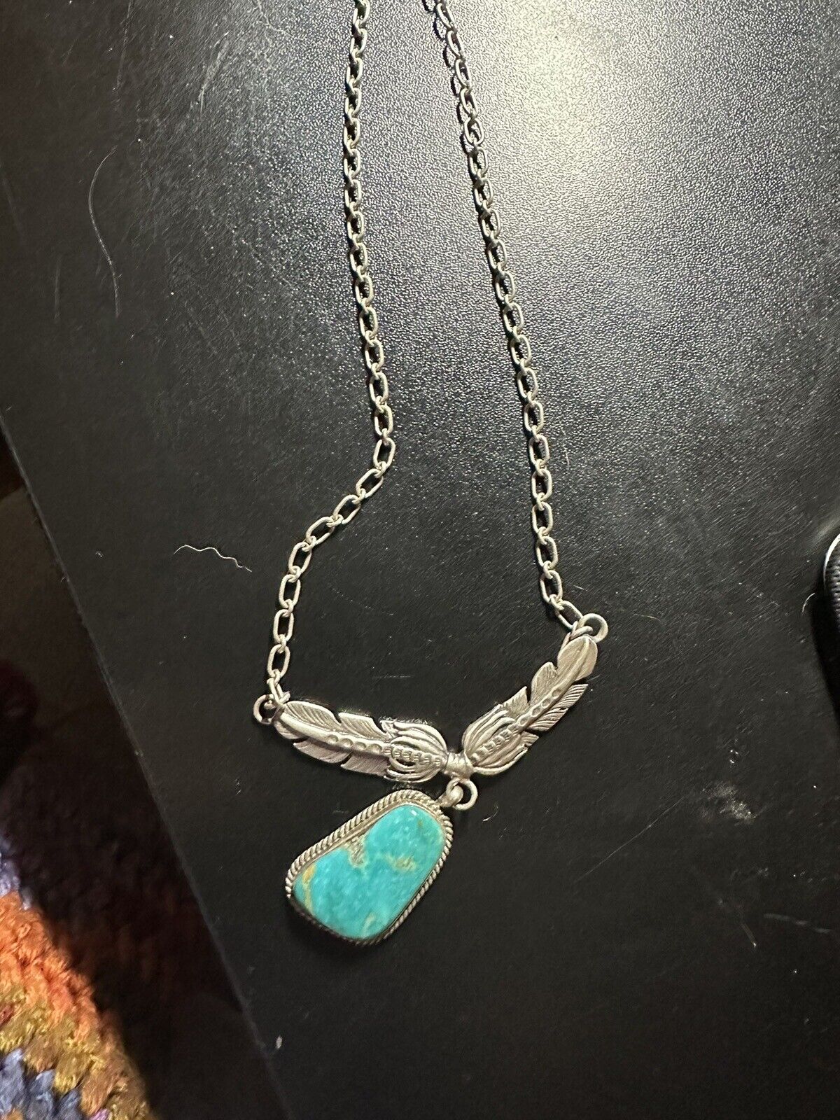 VINTAGE NAVAJO STERLING SILVER & TURQUOISE NECKLACE PENDANT w 18\