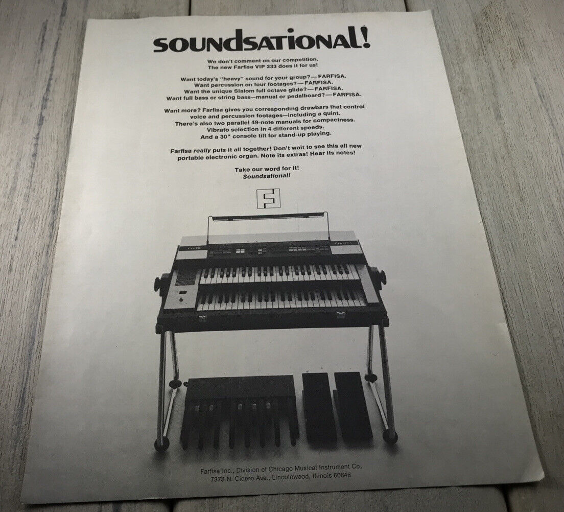 1972 Farfisa VIP 233 Portable Electric Organ SOUNDSATIONAL Vintage Print Ad 