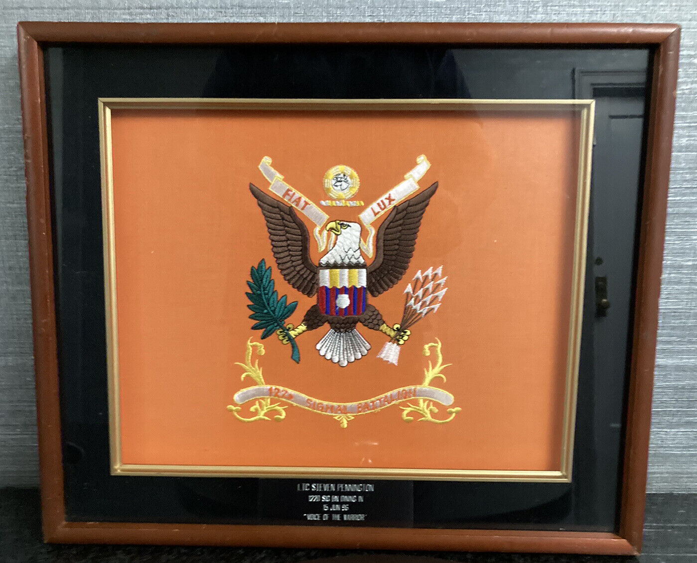 VOICE OF THE WARRIOR 122D SIGNAL BATTALION Embroidered Emblem Framed 18.5 x 15.5