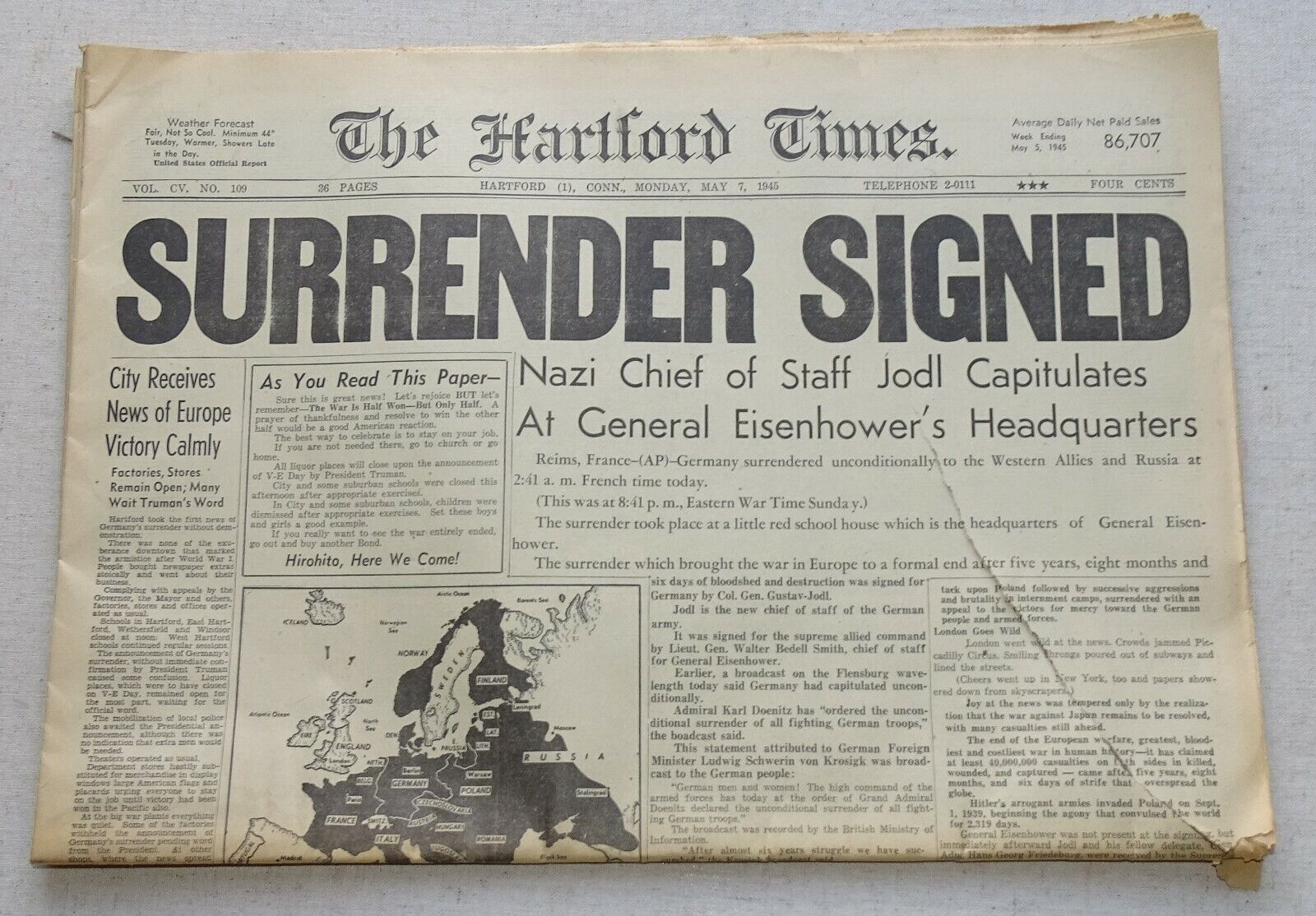 May 7 1945 Hartford Times SURRENDER SIGNED (Germany surrender war in Europe)