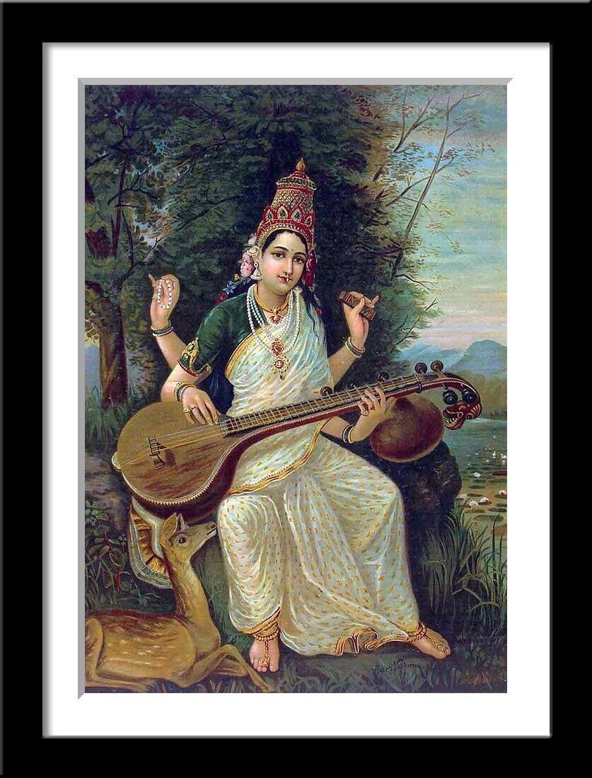 Goddess Saraswati Vintage Ravi Varma Framed Poster Multicolor 12 X 17 Inch