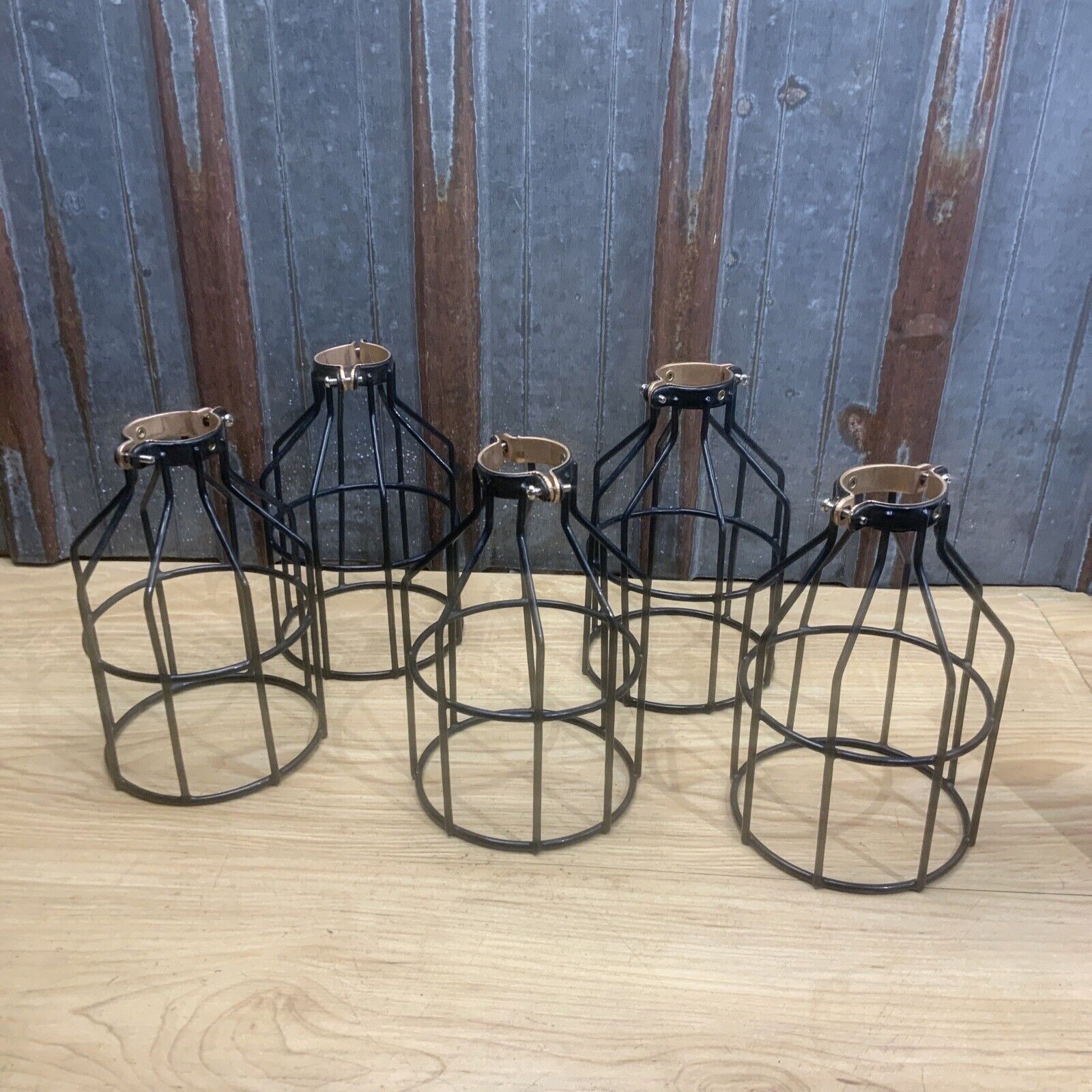 Lot of 5 Black Metal Steel Bulb Cage Industrial Light Pendant Lamp Steampunk
