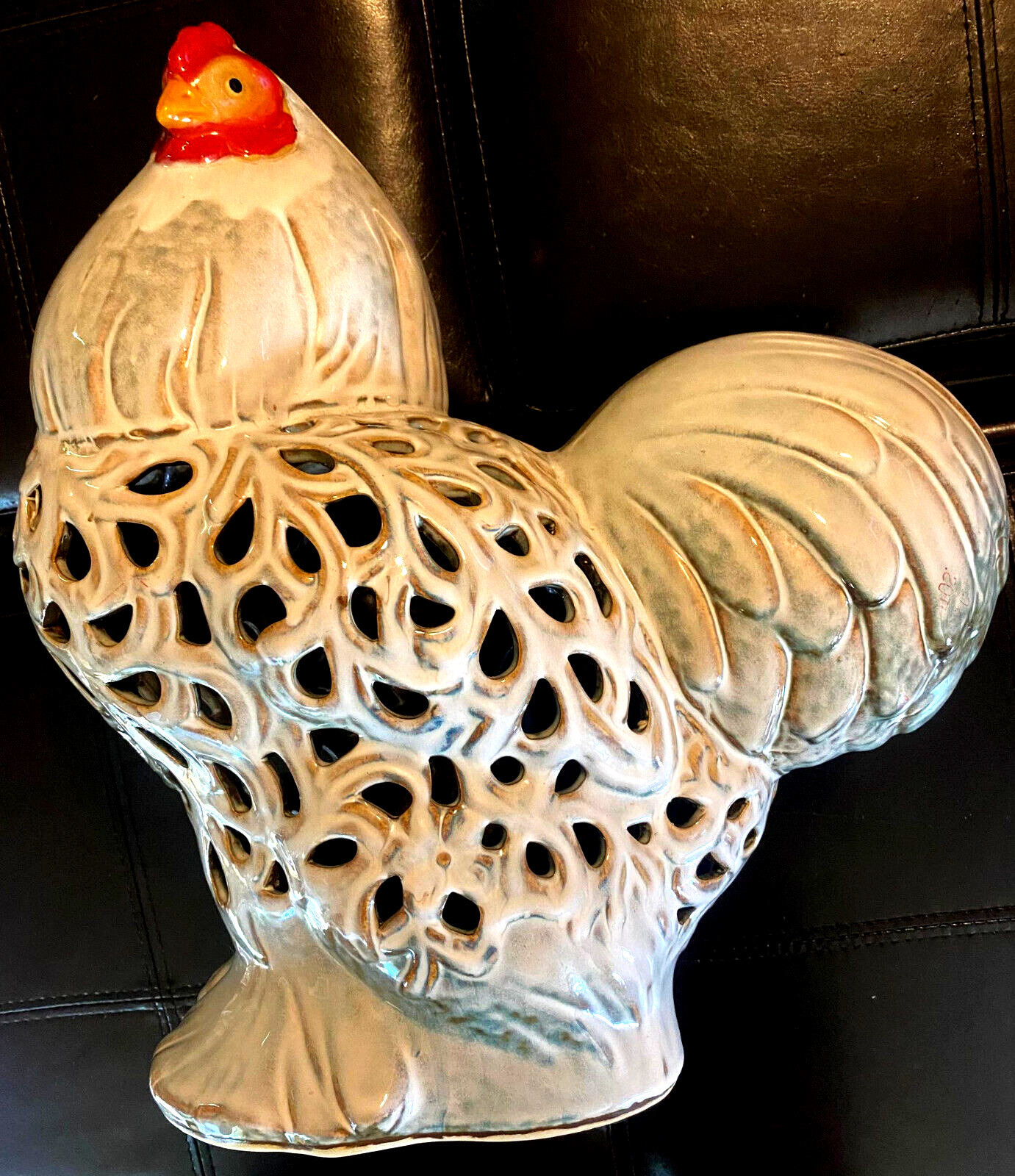 Antique White Ceramic Sitting Chicken Handcrafted Stoneware Rooster Beautiful M