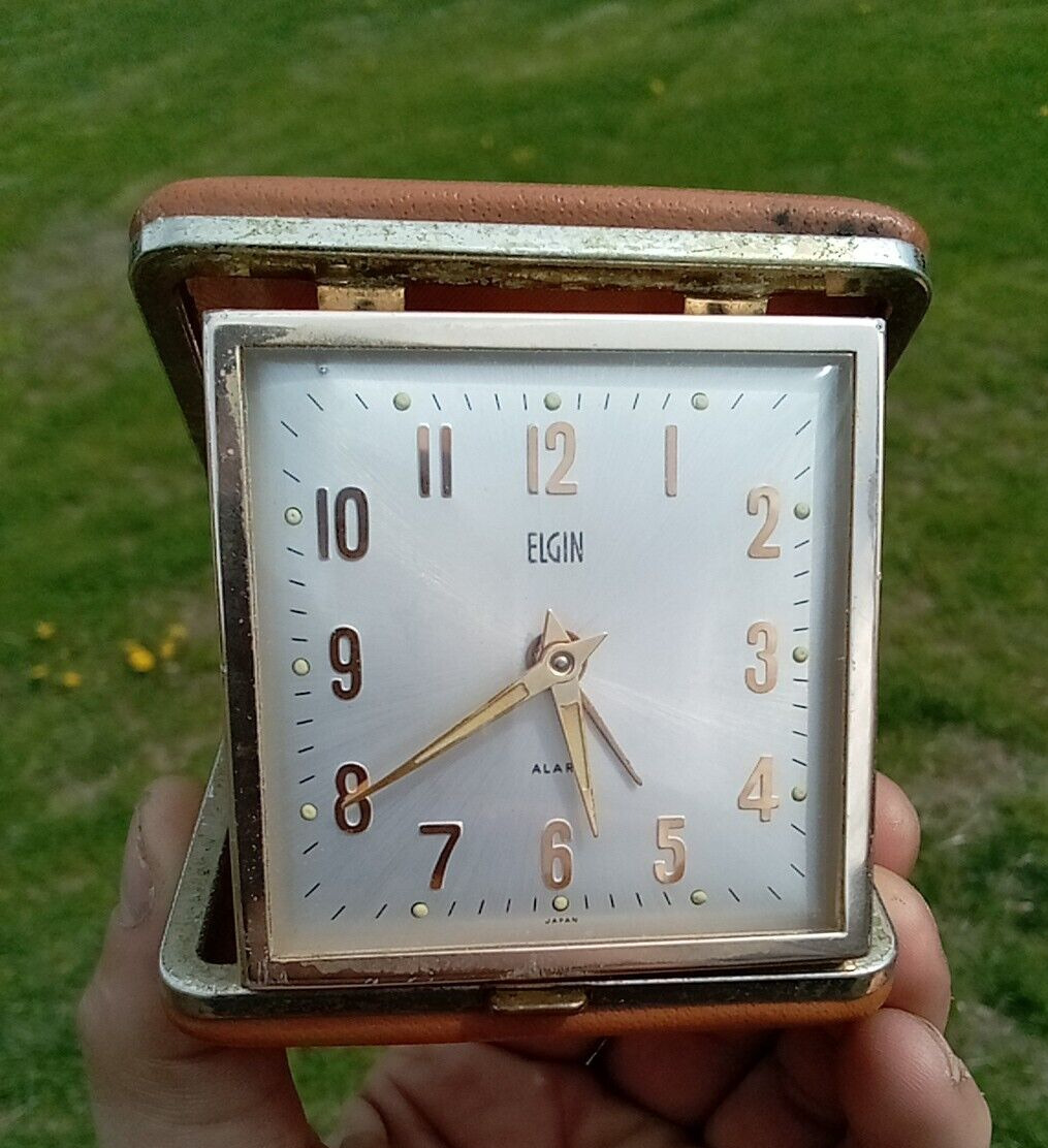 Vintage Brown Folding  ELGIN Travel Alarm Clock Tested & Working