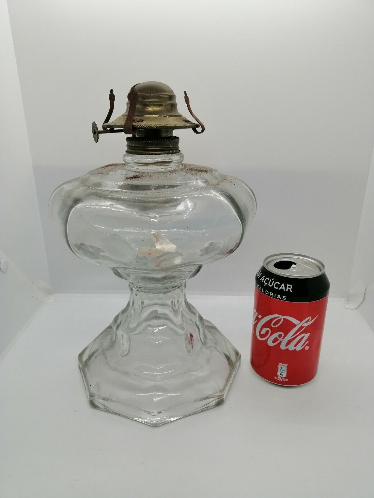 Antique Vintage Clear Heavy Glass Kerosene Oil Table Lamp torch1960s