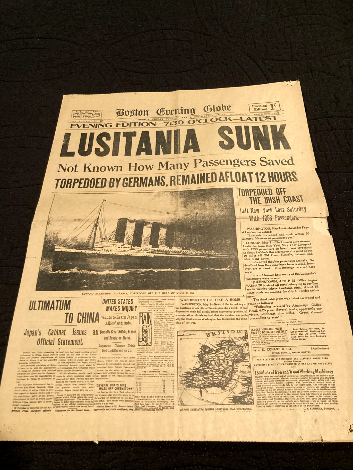 Original Boston Globe Newspaper LUSITANIA SUNK May 7, 1915