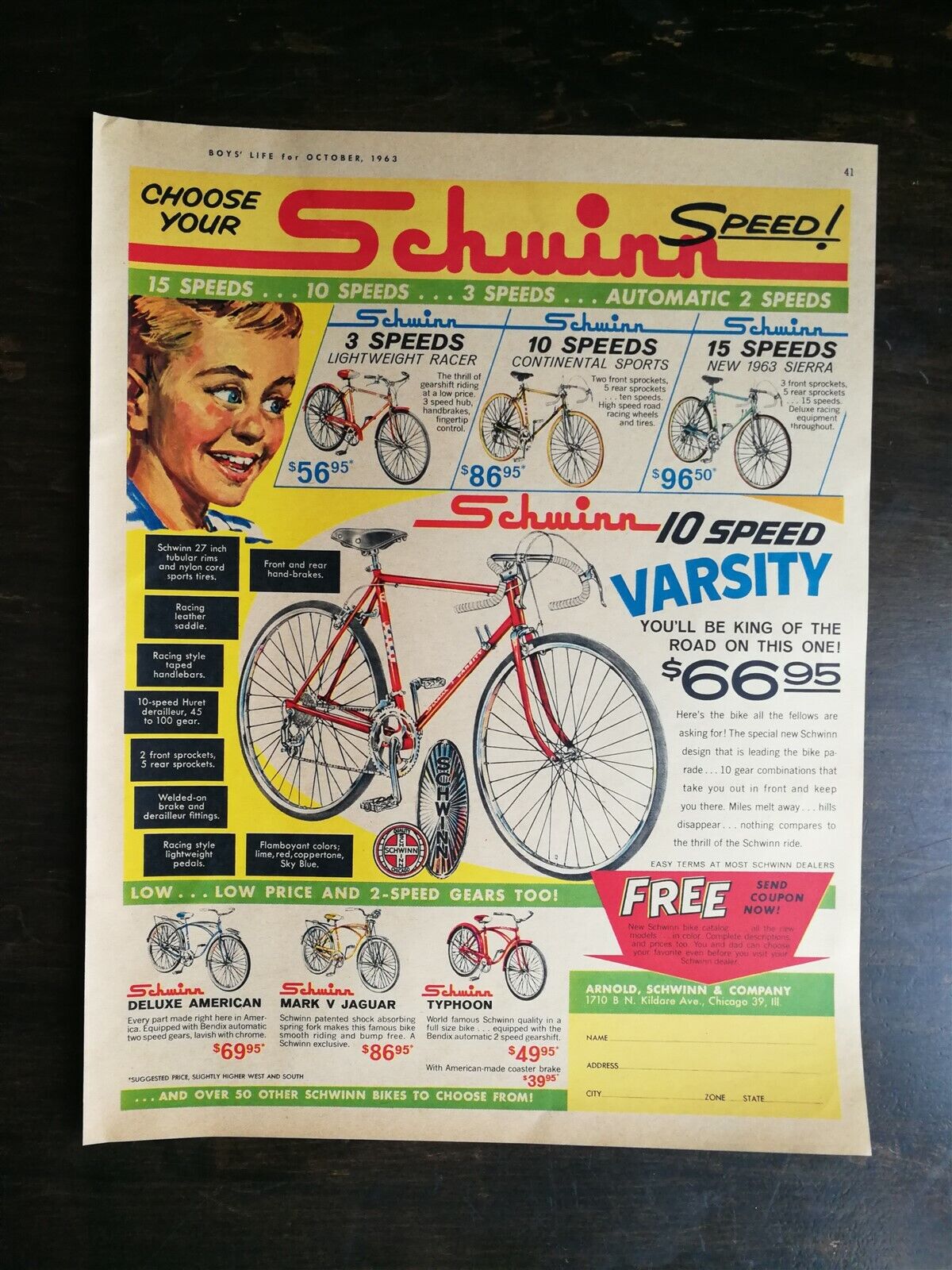Vintage 1963 Schwinn 10-Speed Varsity Bicycle Complete Line Full Page Color Ad