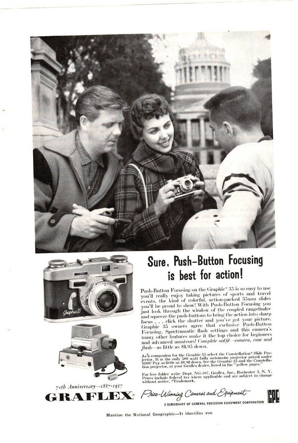 1957 Print Ad Graflex Graphic 35 Camera Push Button Focusing Football Fan Player