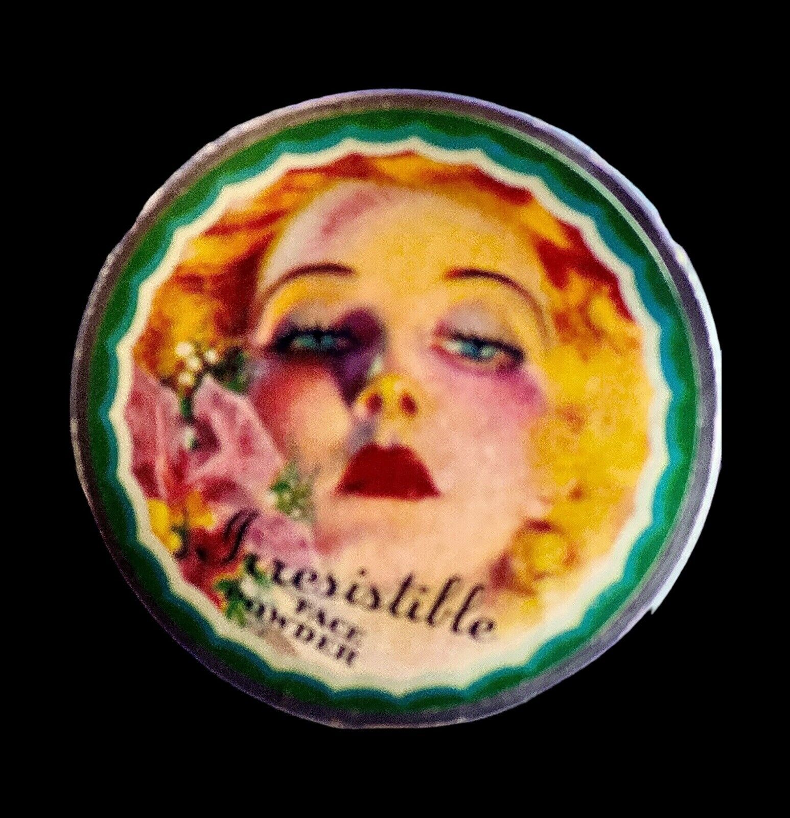 Vintage 1920/30’s “Irresistible” Face Powder Glamorous Woman 2.75” X .75” Empty