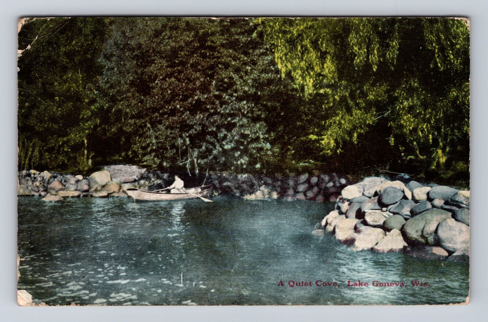 Lake Geneva WI-Wisconsin, Rowing In A Quiet Cove, Vintage c1908 Postcard