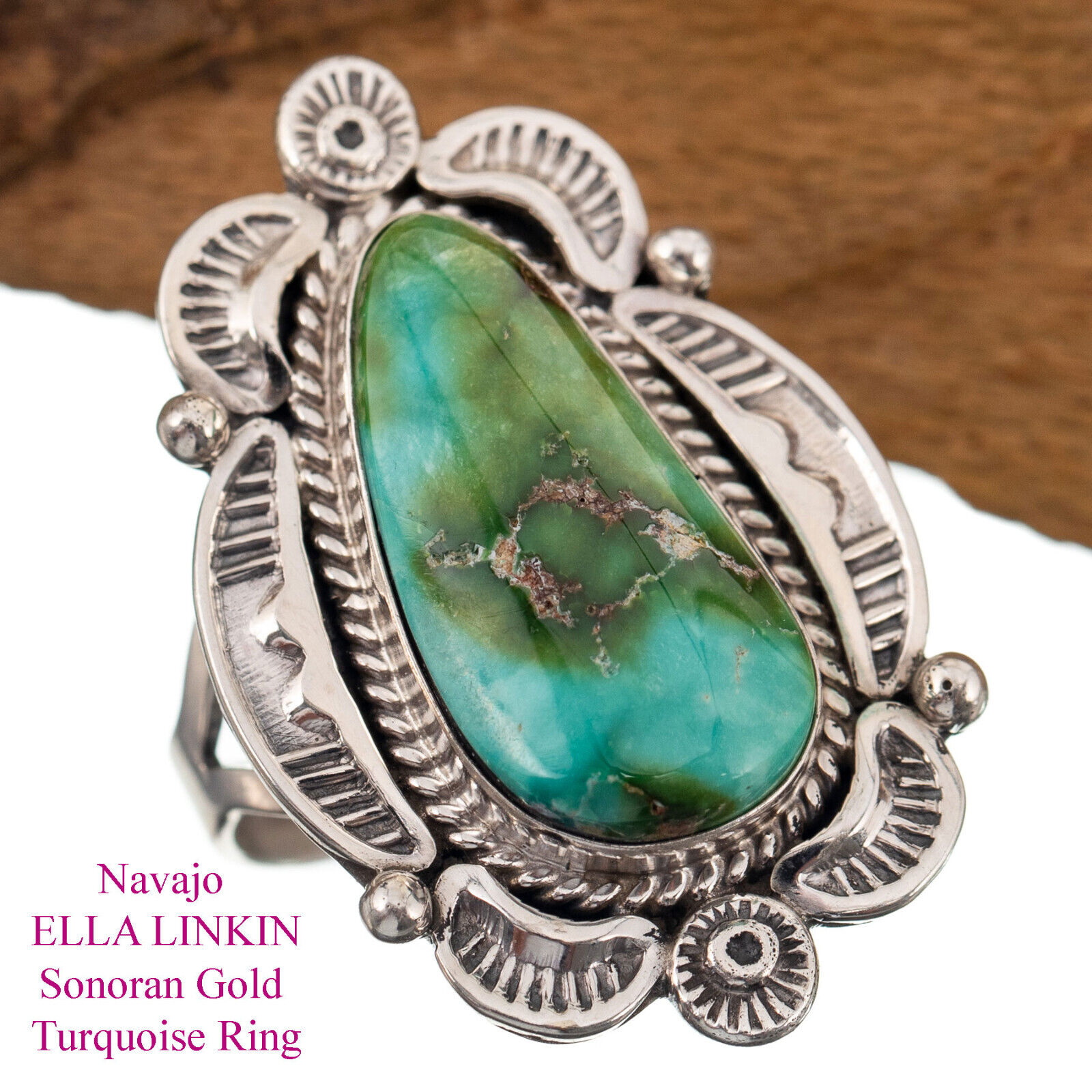SONORAN GOLD Turquoise Ring Navajo ELLA LINKIN Sterling Silver 9 Old Vintage STL