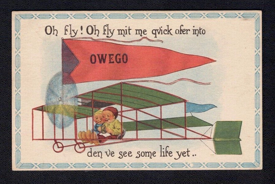 Owego NY New York Flag Banner Pennant BiPlane Dutch Kids Tioga County Postcard