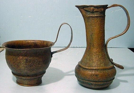 Very Early Judaica Copper Spiritual Pitcher & Chalice
