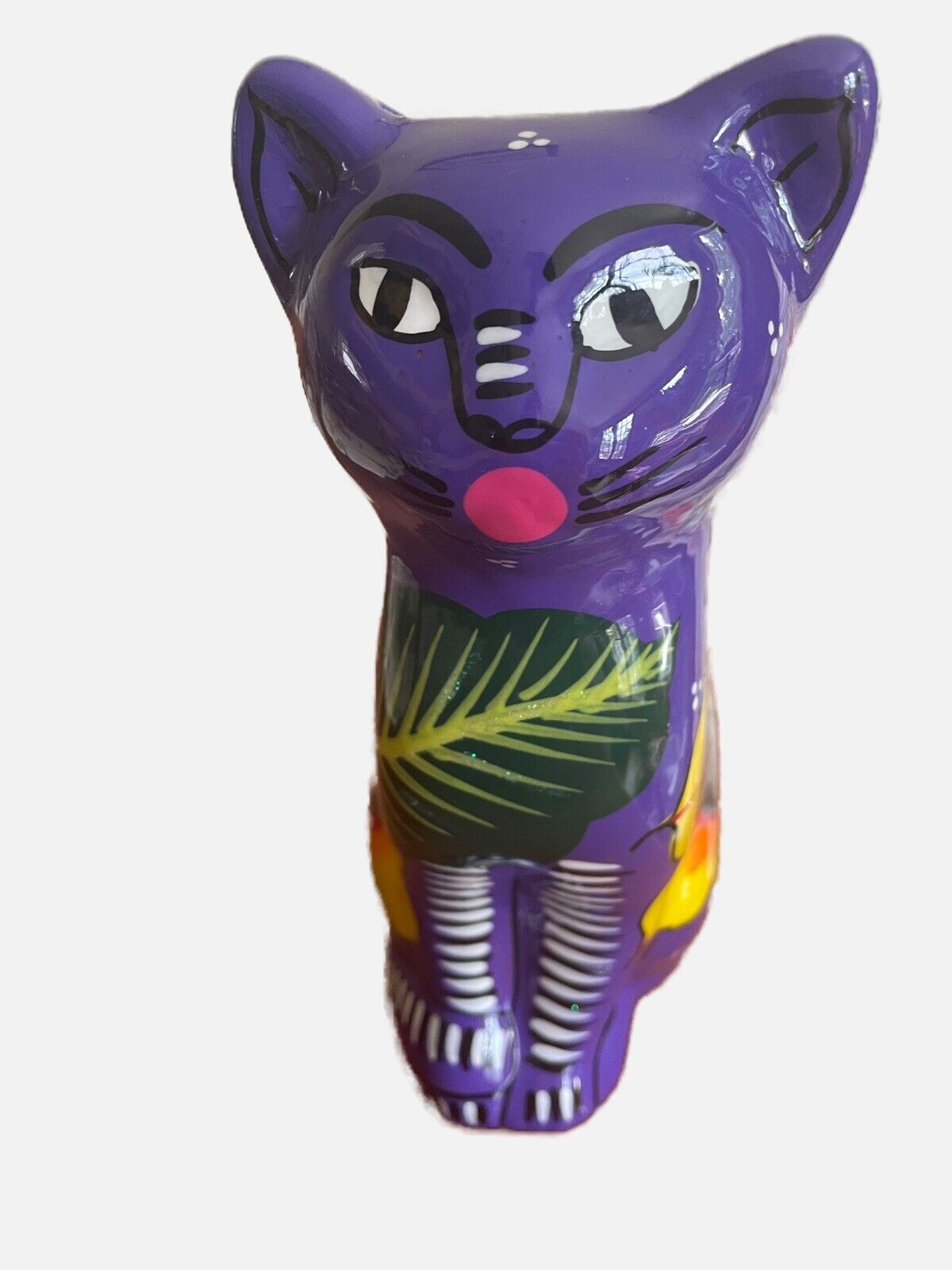 Vintage Talavera Terra Cotta Sitting Cat Figurine Hand-painted Mexico Folk Art