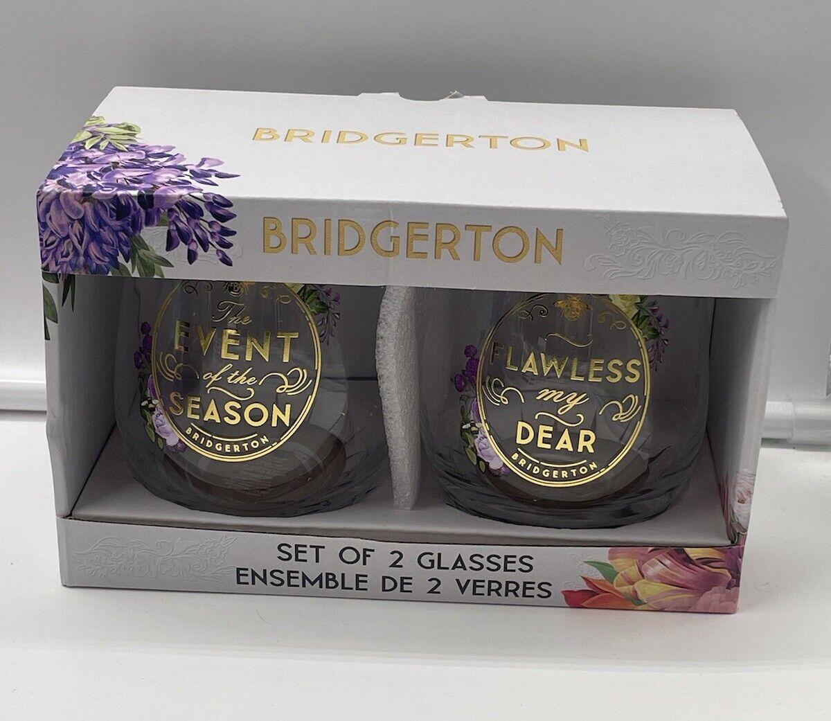 Bridgerton Set Of 2 Stemless Wine Glasses New in Box SEE PICS Netflix Fun Gift