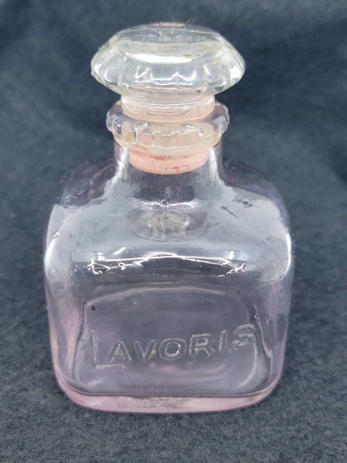 Vintage Lavoris Mouthwash Clear/Pink Square Glass Bottle W/ Stopper & Starburst