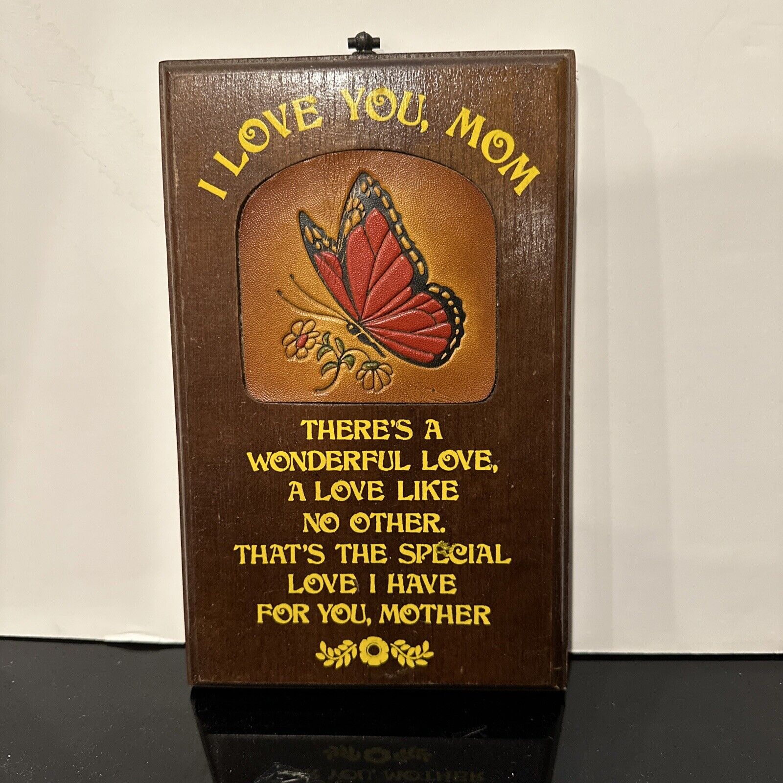 Vintage 70s/80s Wooden Plaque With Embossed Leather Butterfly