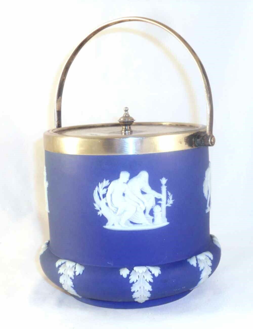 Antique Wedgwood Jasperware Blue Colored Covered Biscuit Barrel Silver-plate Lid