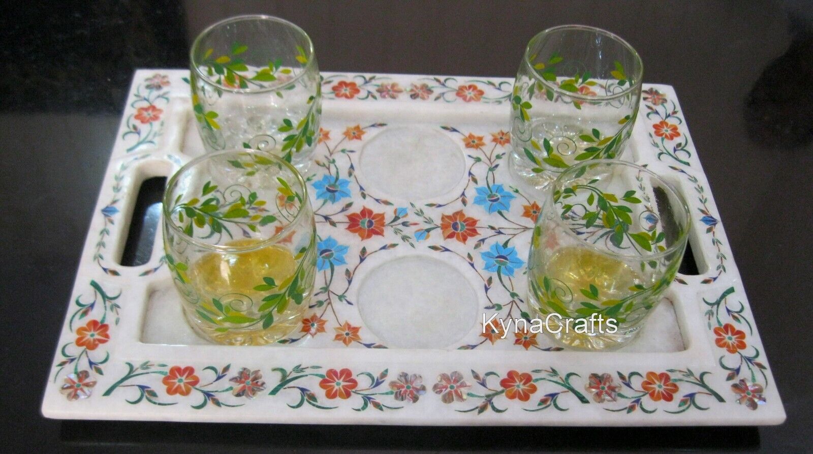 10x14 Inches White Marble Serving Tray Floral Pattern Inlay Work Decorative Tray