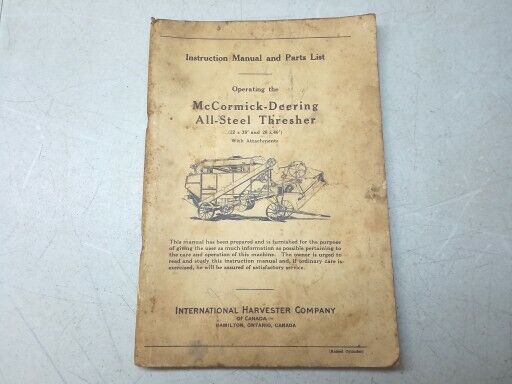 Vintage McCormick Deering All Steel Thresher Instruction Manual And Parts List