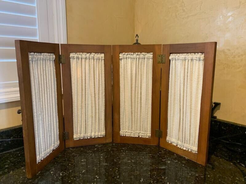Pair of 1950\'s Vintage SEARS Wooden Interior Window Shutters w/ Fabric Curtains