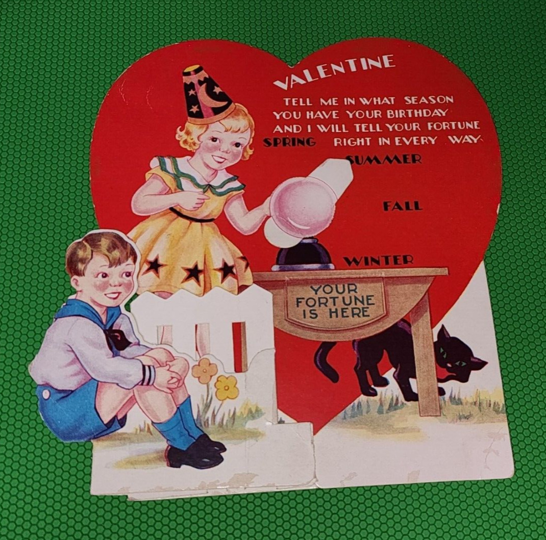 Vintage Valentine Heart Fortune Black Cat Mechanical Card