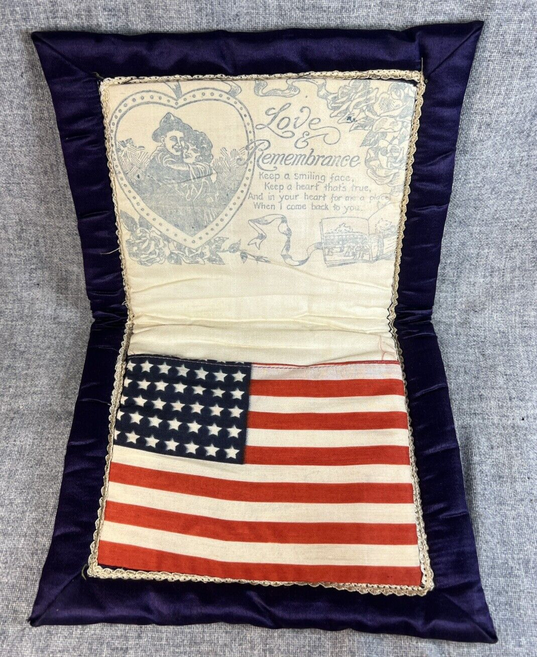 Americana Antique WWI Soldier Sweetheart Silk Letter Pouch w/ Provenance Note