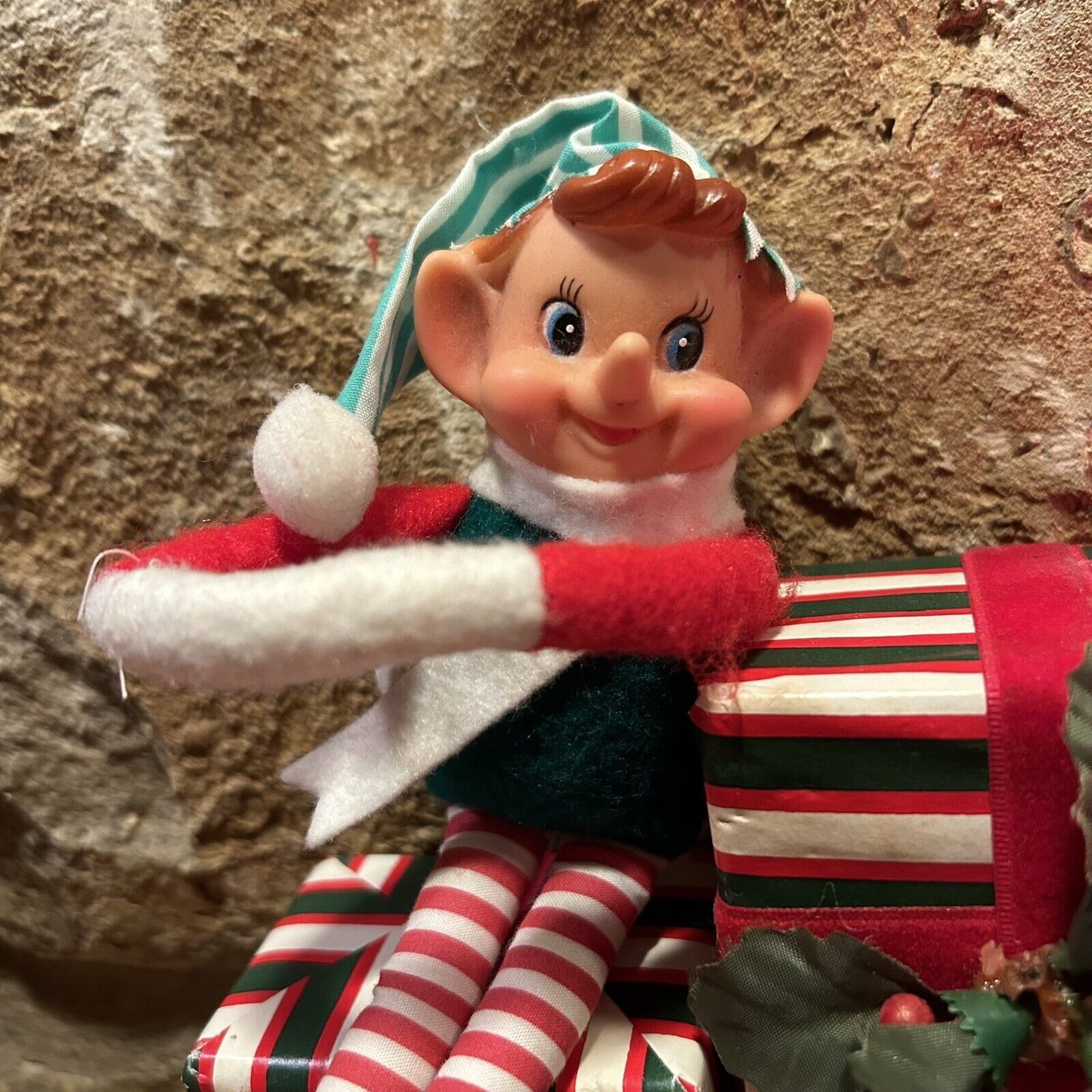 Vintage Christmas Pixie Elf Knee Hugger Stripes Red White Green Long Nose Legs