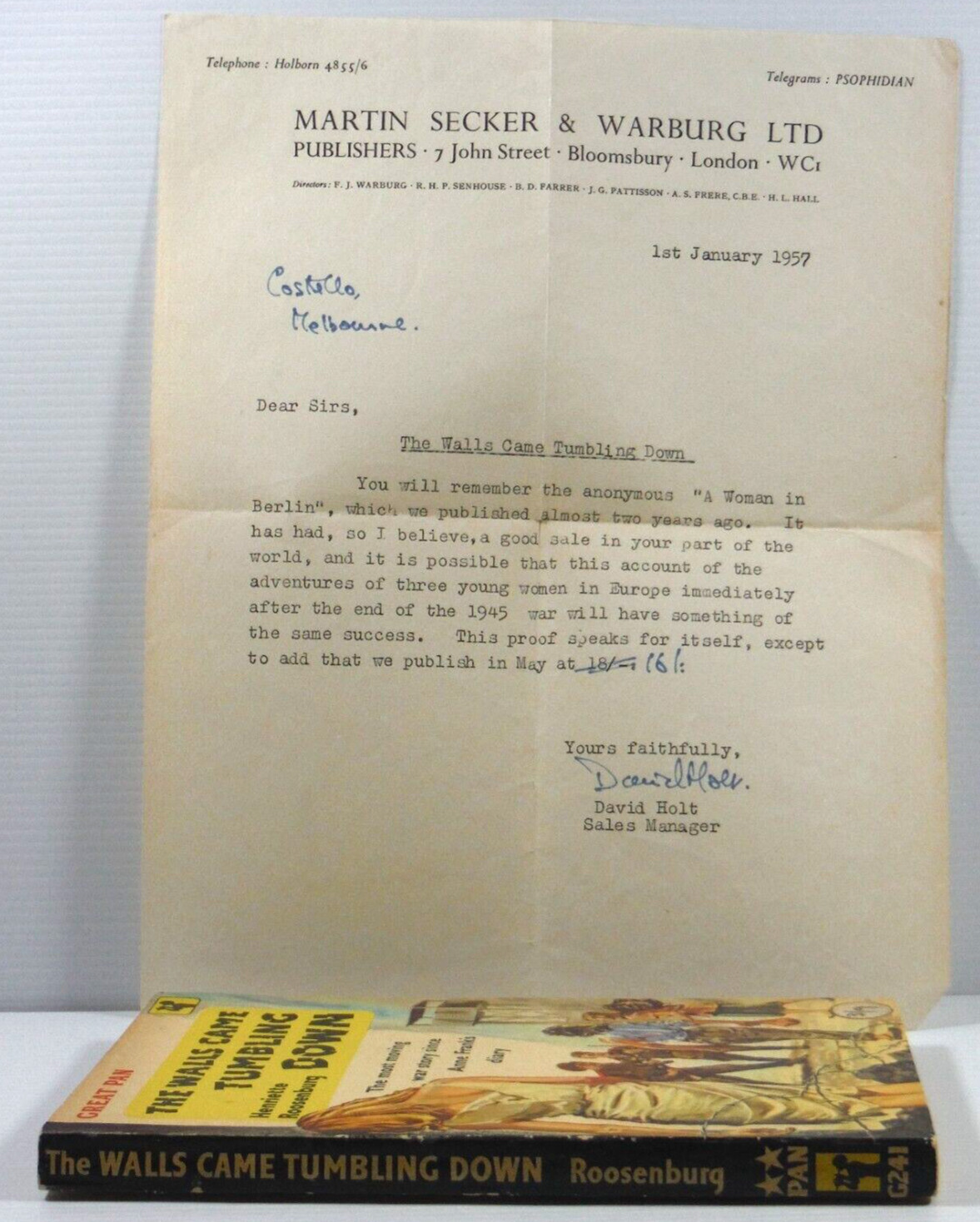 True Story Henrette Roosenburg PB VGC Vintage Pan Rare Booksellers letter 1957