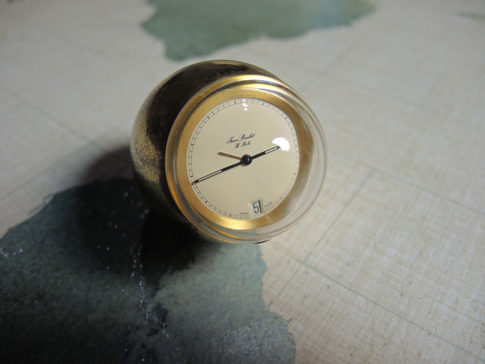Rare Vintage Jean Roulet Egg shaped  Swiss Brass Desk Clock w/alarm not running