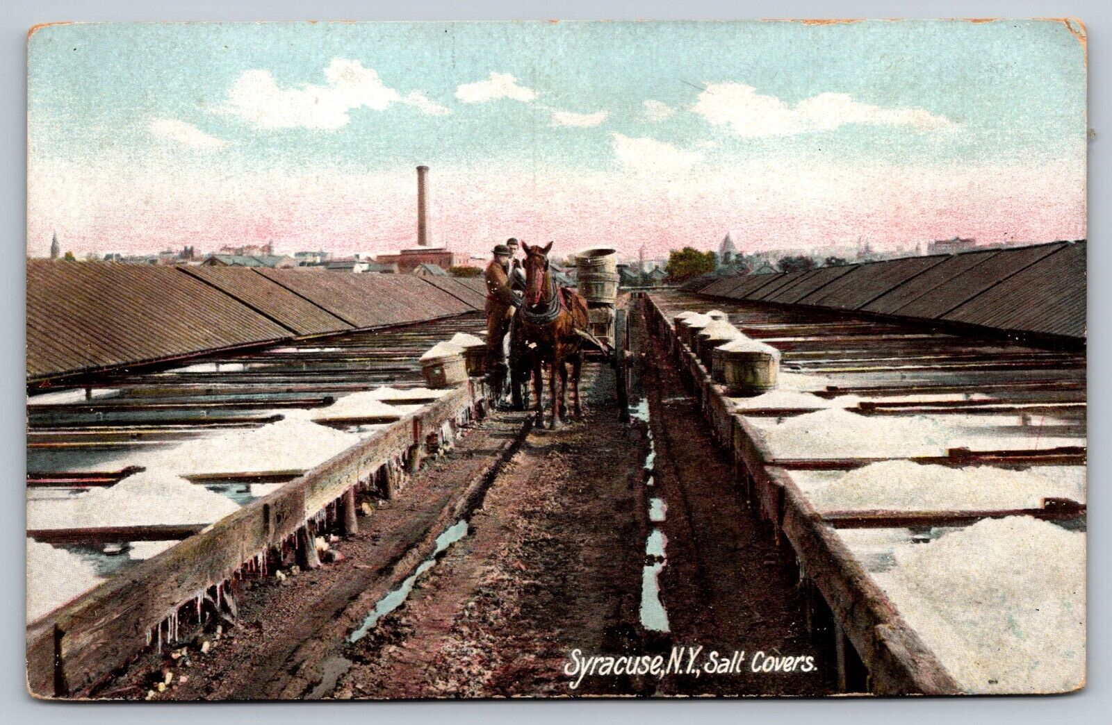 rare Syracuse, NY vintage postcard - Salt Covers w/ horse wagon