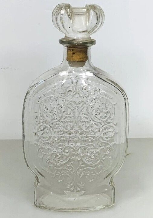 Vintage Schenley Whiskey Liquor Embossed Glass Decanter Bottle Cork Top Stopper