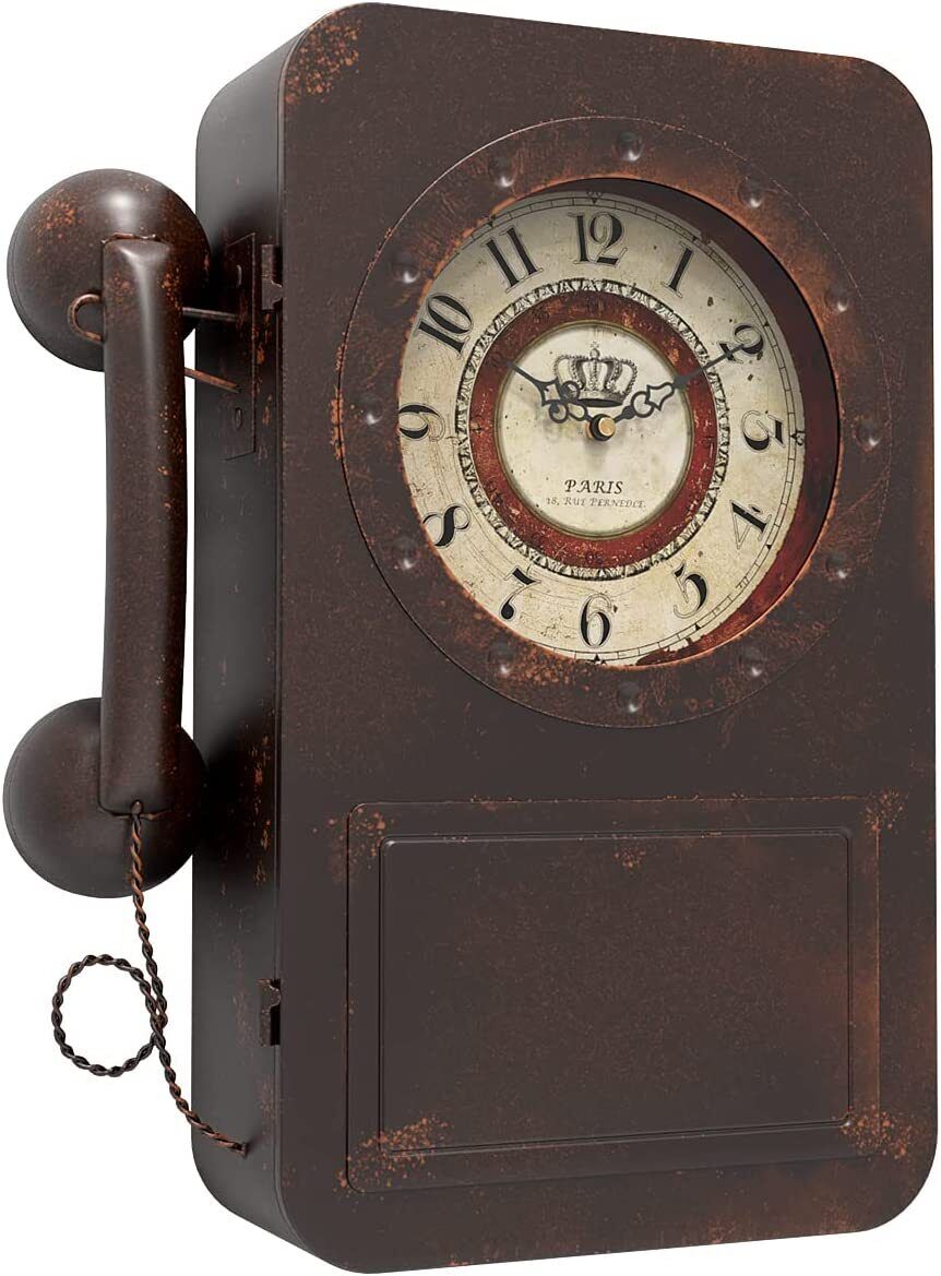 Vintage Retro Old Telephone Wall Clock Hidden Safe Battery Operated Metal Decor