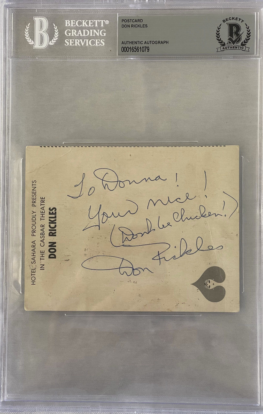 Don Rickles Autograph Signed Personal PostCard Las Vegas Hotel Beckett COA RARE